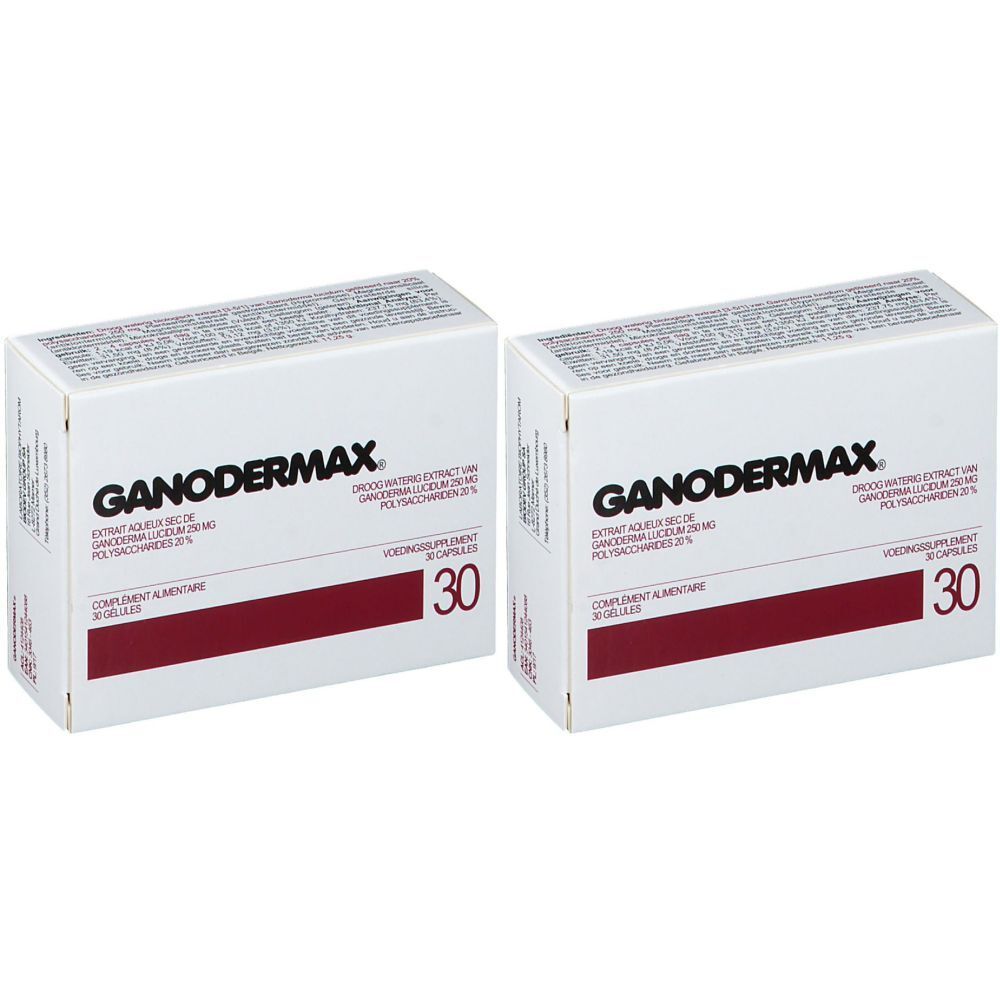 Twee witte dozen met de tekst GANODERMAX en de aanduiding "30 capsules".