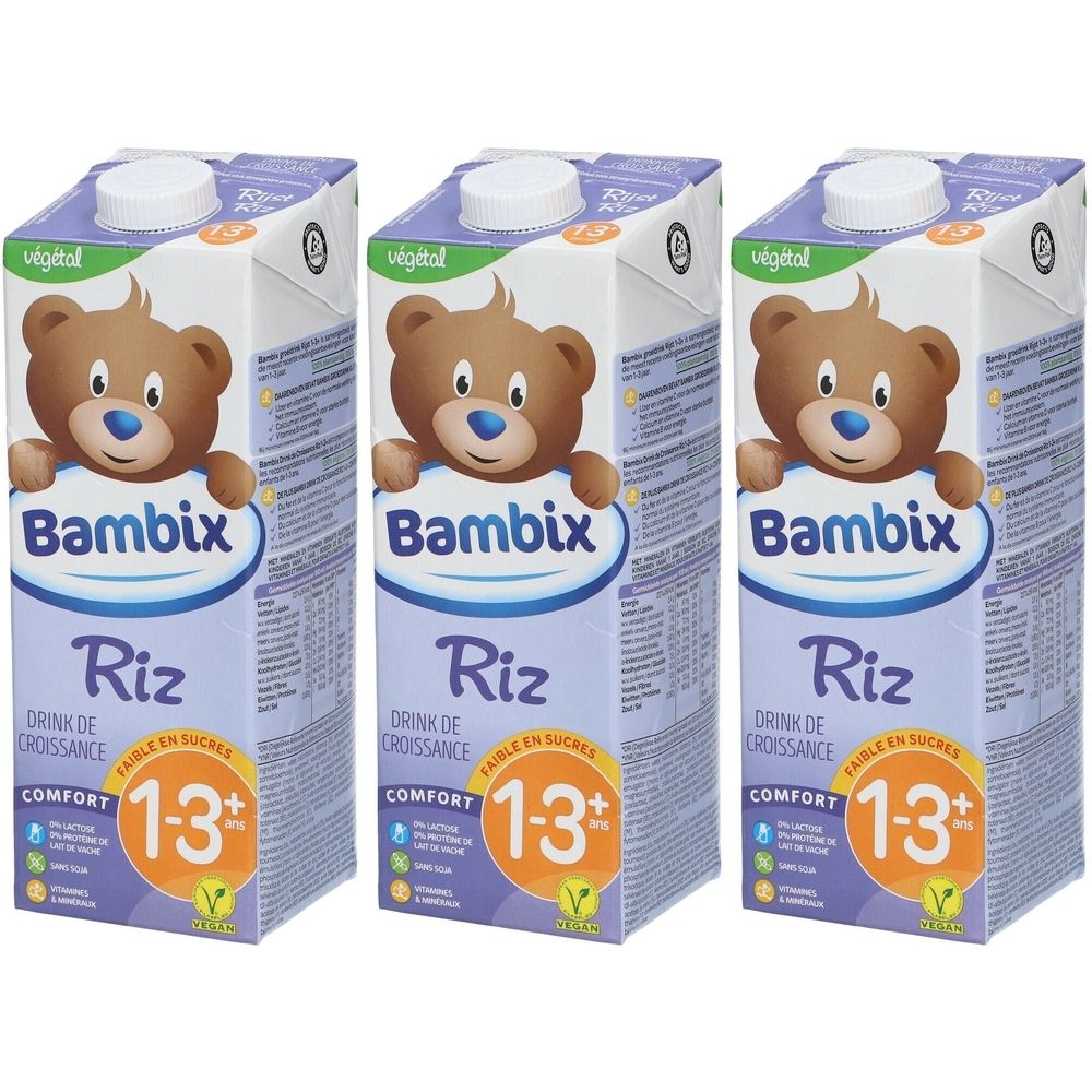 Drie verpakkingen van Bambix Riz. Elke verpakking toont een teddybeer. Tekst: Riz, 1-3+ jaar. Drink de croissance.