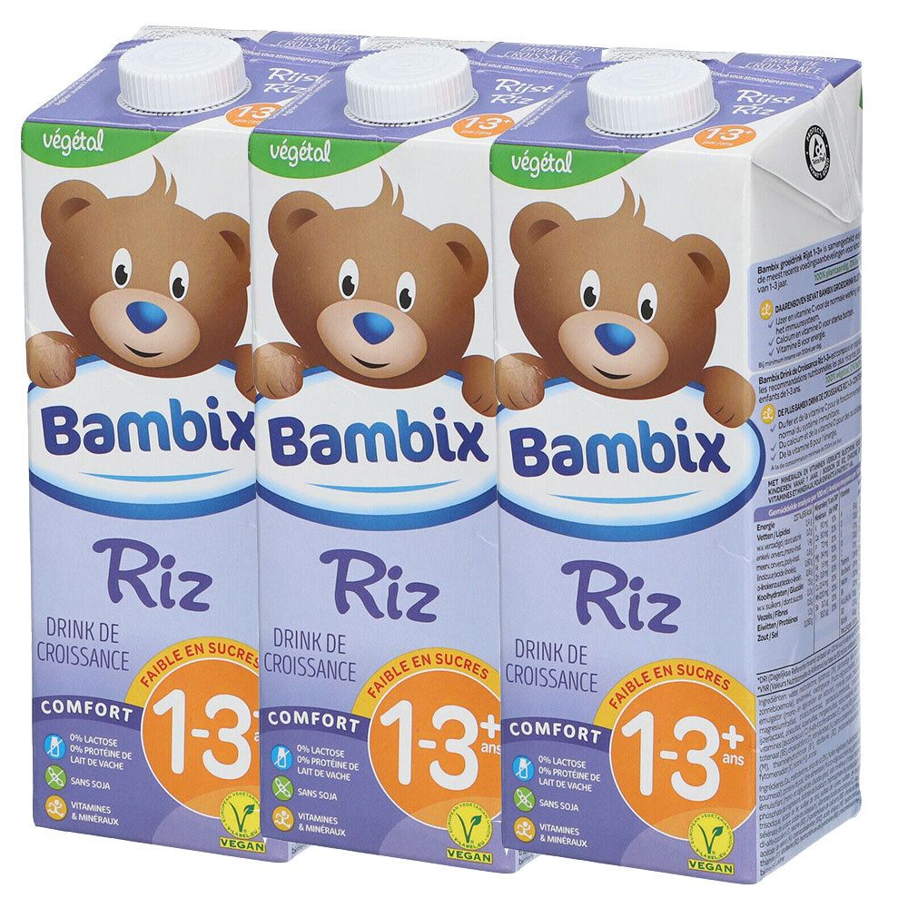 Drie pakken Bambix Riz 1-3 jaar. Elk pak toont een beer, tekst en de leeftijd 1-3+. Vegan.