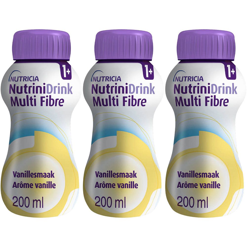 Trois bouteilles NutriniDrink Multi Fibre Vanille avec bouchons violets. Inscription: NutriniDrink Multi Fibre, Arôme vanille, 200 ml.