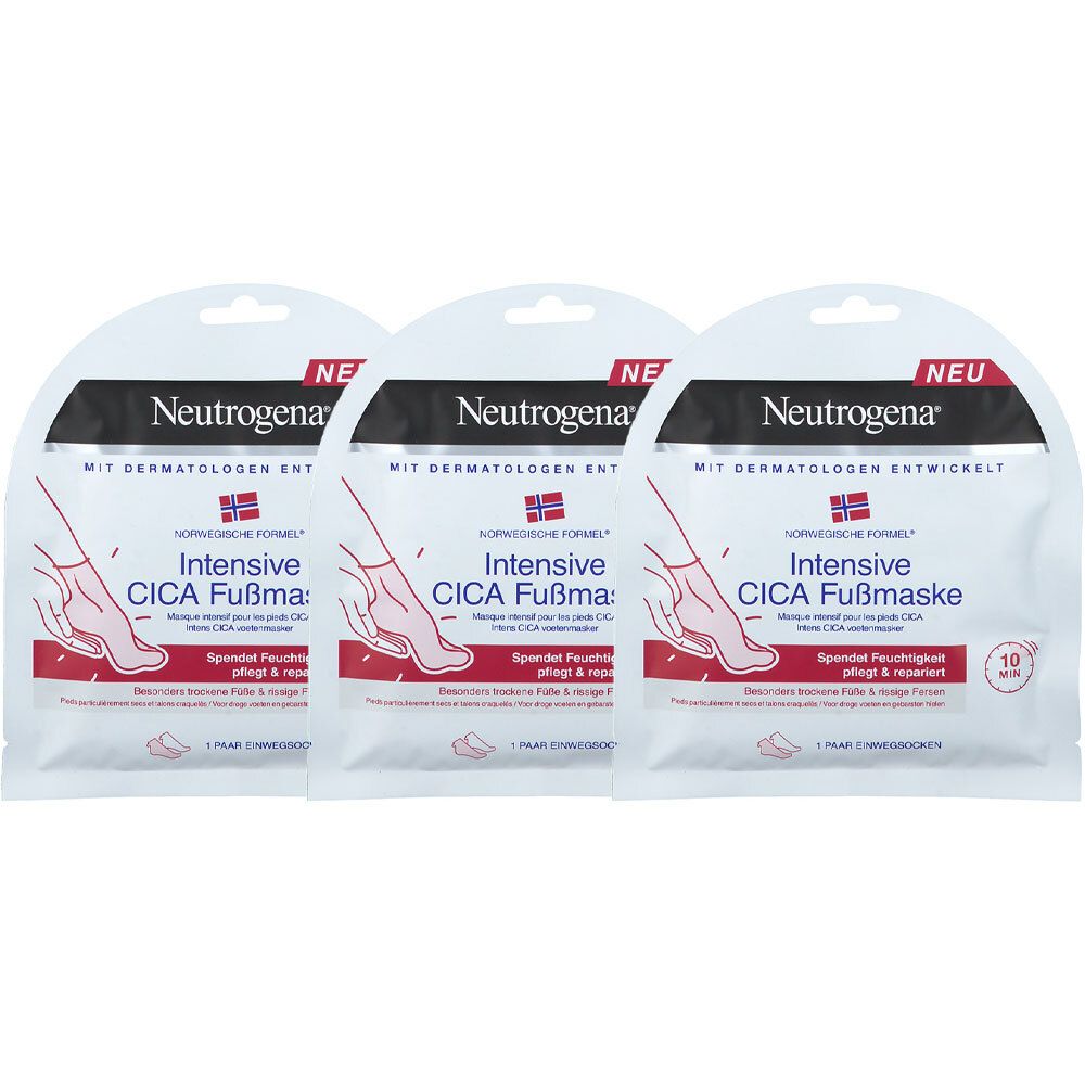 Trois masques pour les pieds Neutrogena CICA. Emballage blanc avec texte rouge et noir. Contient 10 masques.