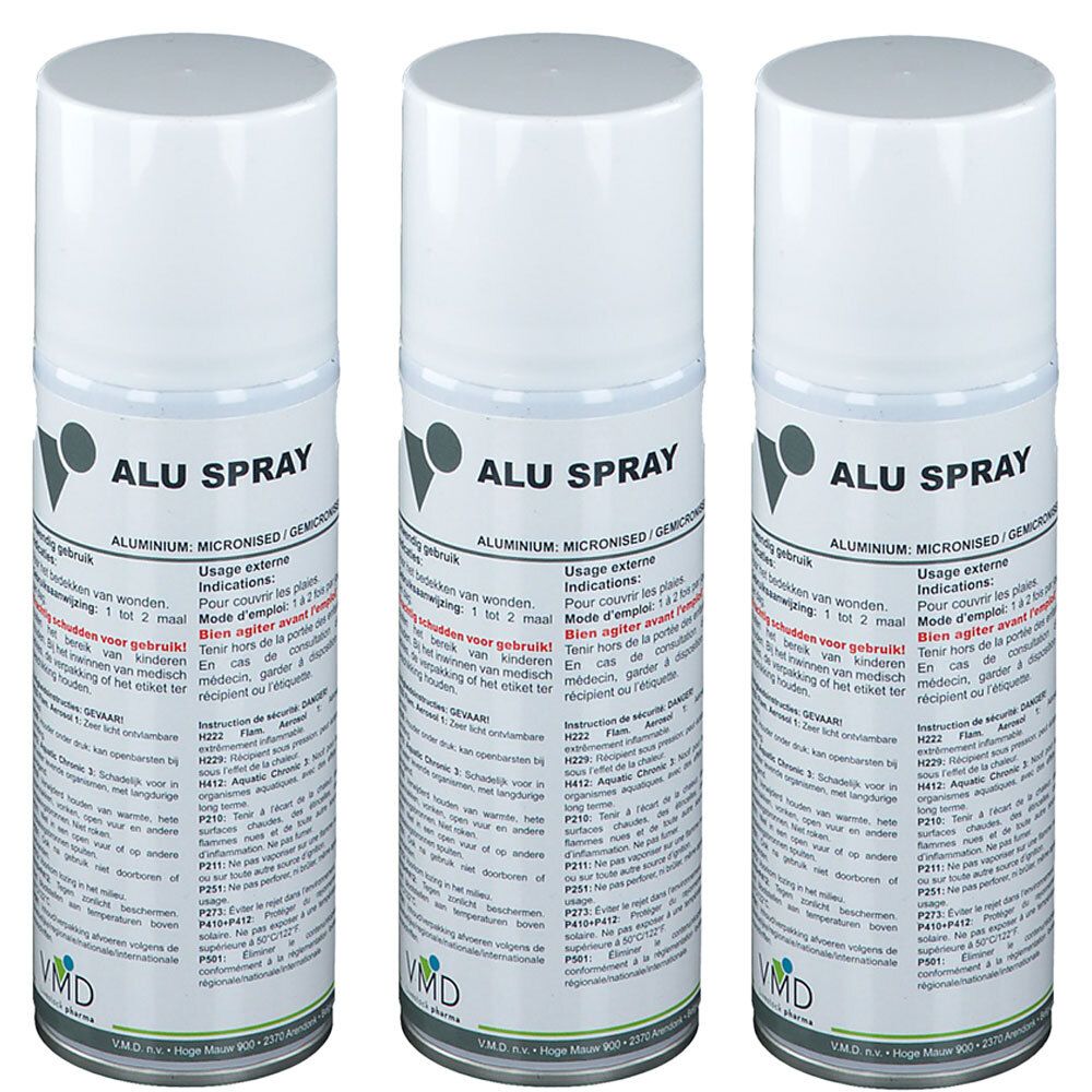 Drie witte spuitbussen met de tekst "ALU SPRAY". Op de etiketten staan meer informatie en het VMD-logo.