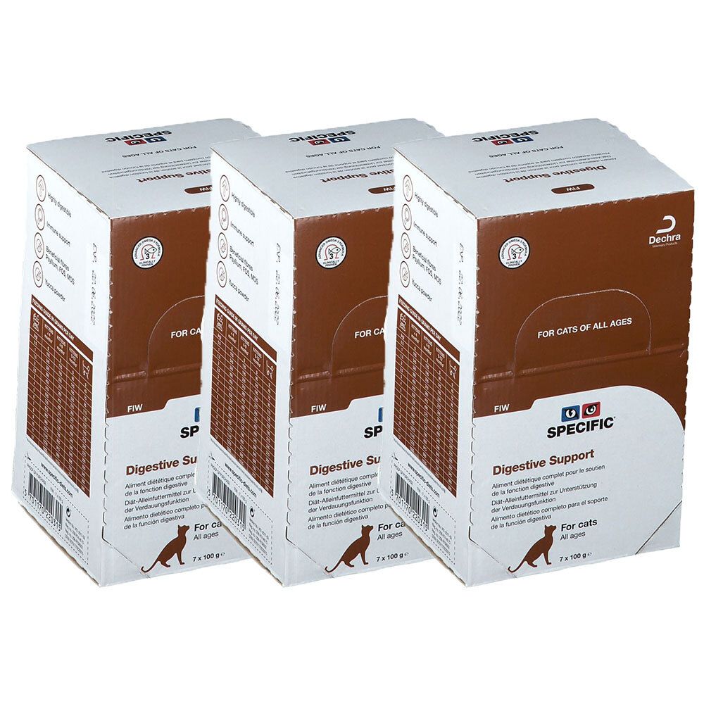 Trois boîtes de SPECIFIC Digestive Support pour chats. Blanches et marron, avec logo, texte et image de chat. Pour tous âges.