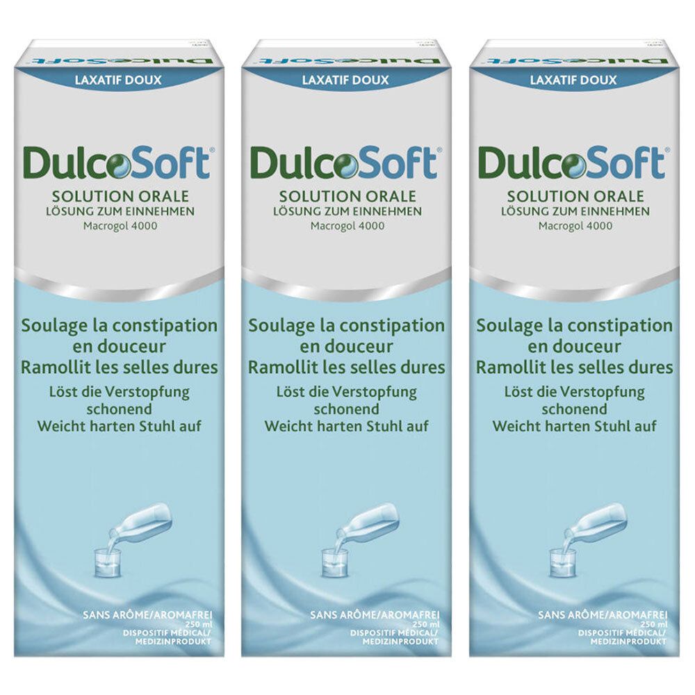 Trois boîtes de DulcoSoft Solution orale. Inscription : Soulage la constipation en douceur, ramollit les selles dures.