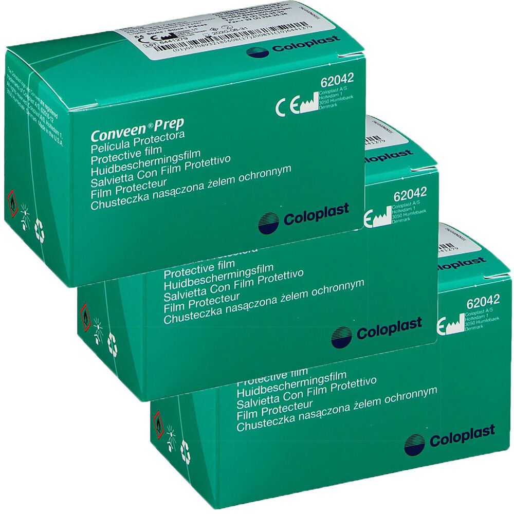 Trois boîtes vertes "Conveen Prep". Chaque boîte indique "Protective film" et le logo Coloplast. Marque CE et numéro de référence.