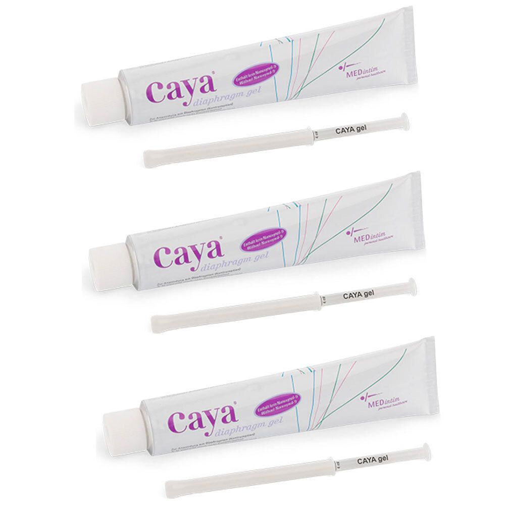 Trois tubes et applicateurs. Les tubes portent l'inscription "Caya Diaphragma Gel". Applicateurs avec "CAYA gel".