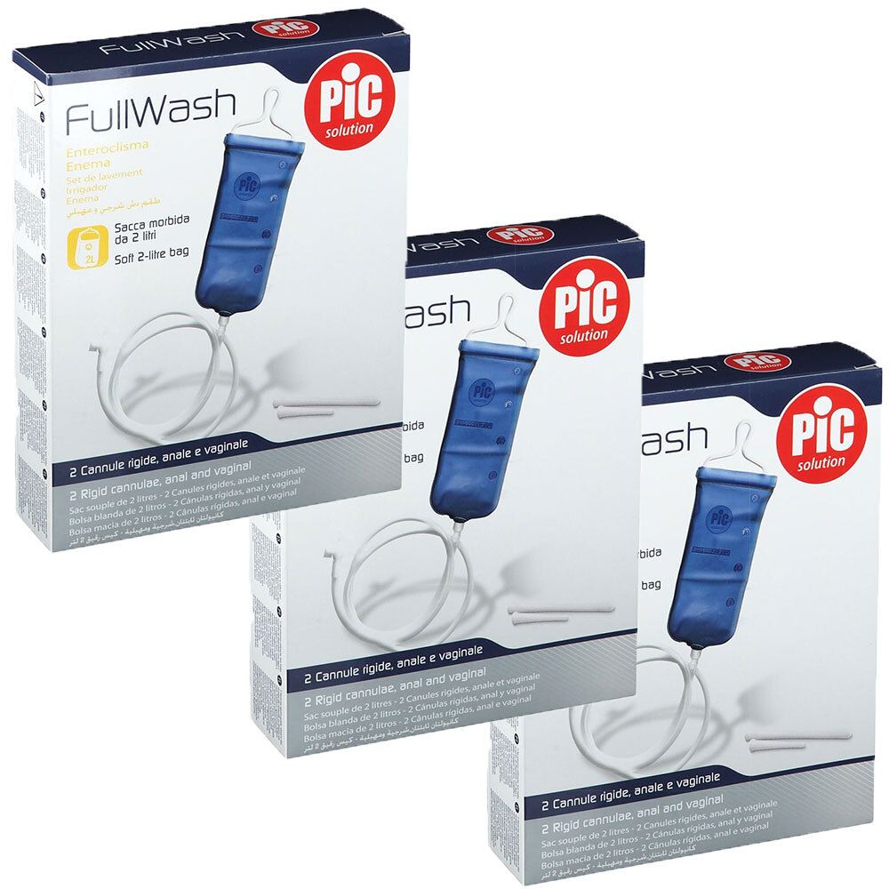 Trois boîtes du produit. Chacune montre un sac bleu avec un tube et deux canules. Le logo PIC est visible.