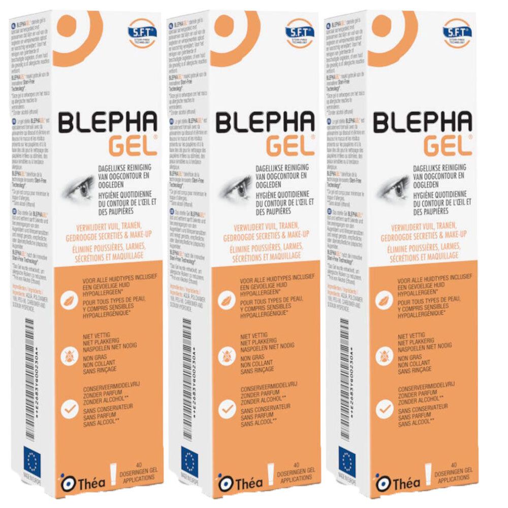 Drie identieke verpakkingen van Blephagel. Witte dozen met oranje accenten en productnaam. Tekst en afbeelding van een oog.
