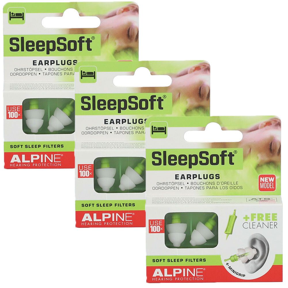 Drie verpakkingen Alpine SleepSoft® oordopjes. Elke verpakking bevat oordopjes en draagt de merknaam en productnaam.