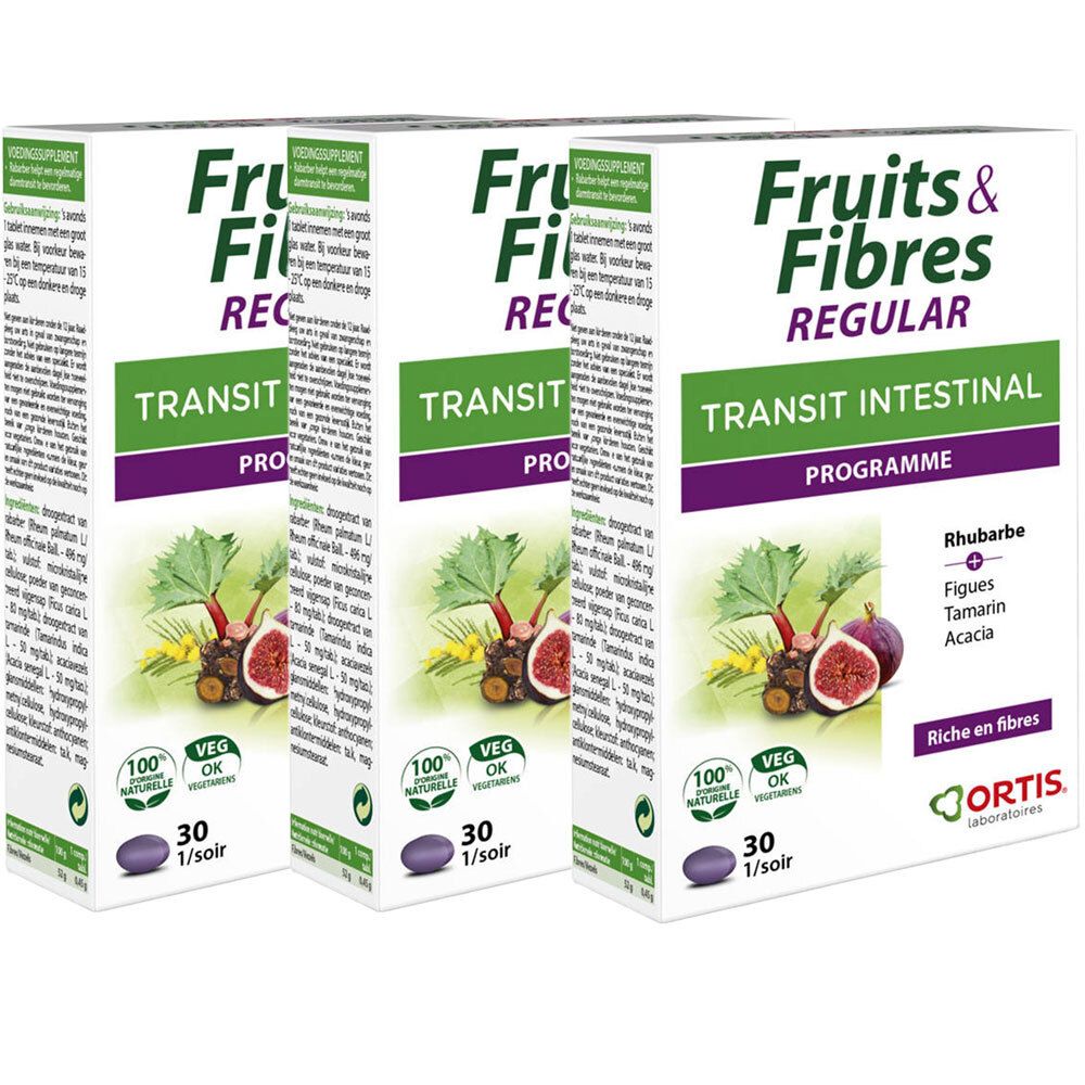 Drie dozen "Fruits & Fibres Regular". Opschriften: Transit intestinal, 30 tabletten, 100% natuurlijke ingrediënten, VEG OK.