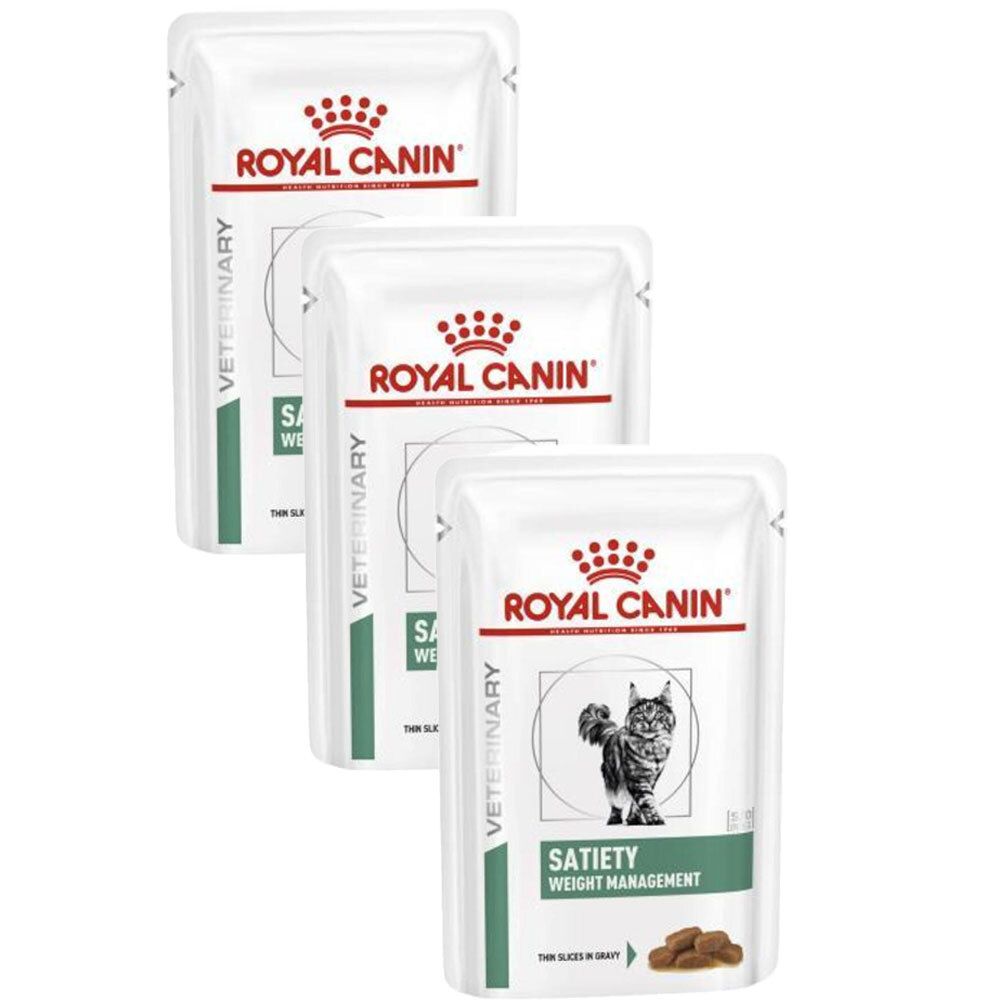 Trois sachets ROYAL CANIN SATIETY Weight Management. Blanc, avec logo et texte. Un chat et des morceaux de nourriture sont représentés.