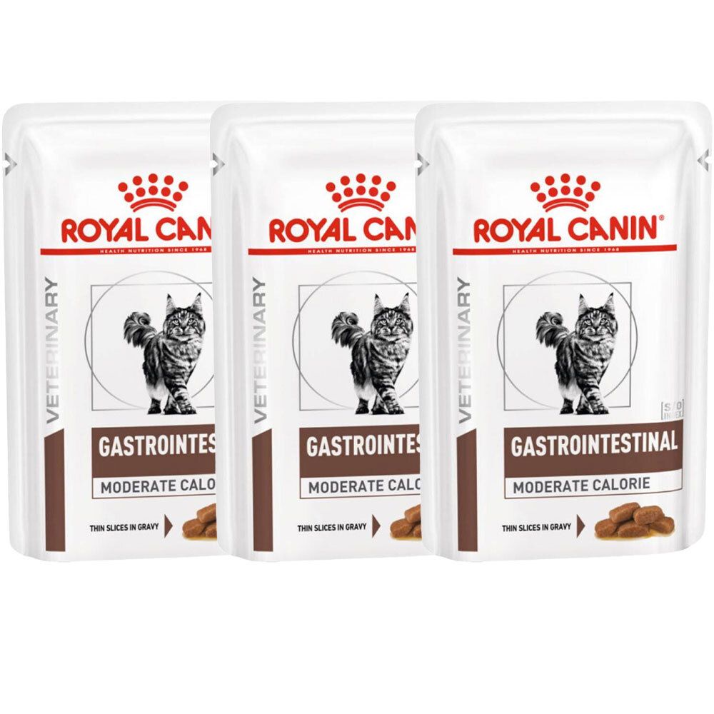 Trois sachets ROYAL CANIN® Feline Gastrointestinal Moderate Calorie. Blanc avec accents marron. Logo et nom du produit visibles.