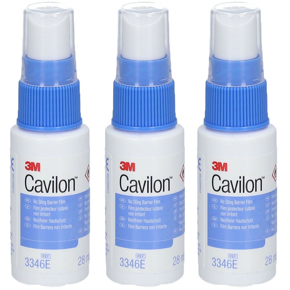 Trois flacons de film protecteur cutané Cavilon™. Flacons blancs avec bouchon pulvérisateur bleu. Logo 3M et texte Cavilon™.