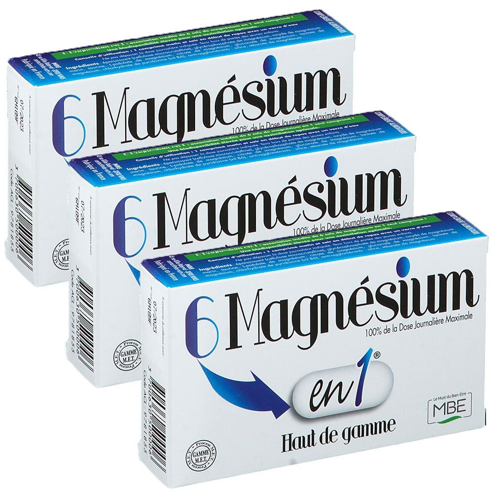 Trois boîtes blanches "6 Magnésium". Bleu et texte. "100% de la Dose Journalière Maximale" est visible. "en 1" et "Haut de gamme" aussi.