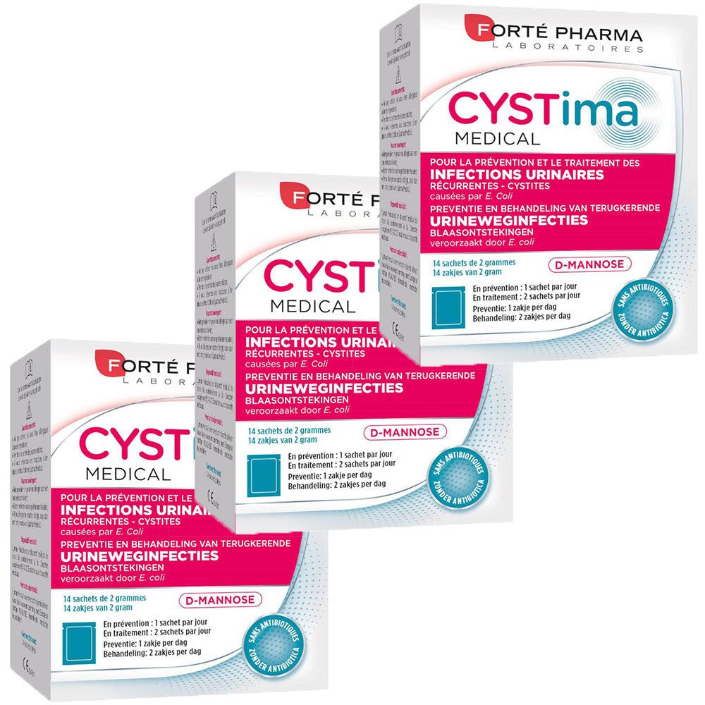 Trois boîtes blanches CYSTima MEDICAL. Texte en français et néerlandais. Logo Forté Pharma. Contient D-MANNOSE.