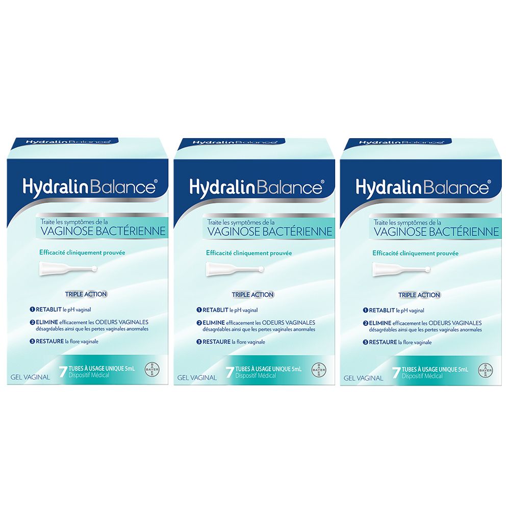 Trois boîtes Hydralin Balance. Emballage bleu avec informations produit et illustration d'applicateur. 7 tubes.