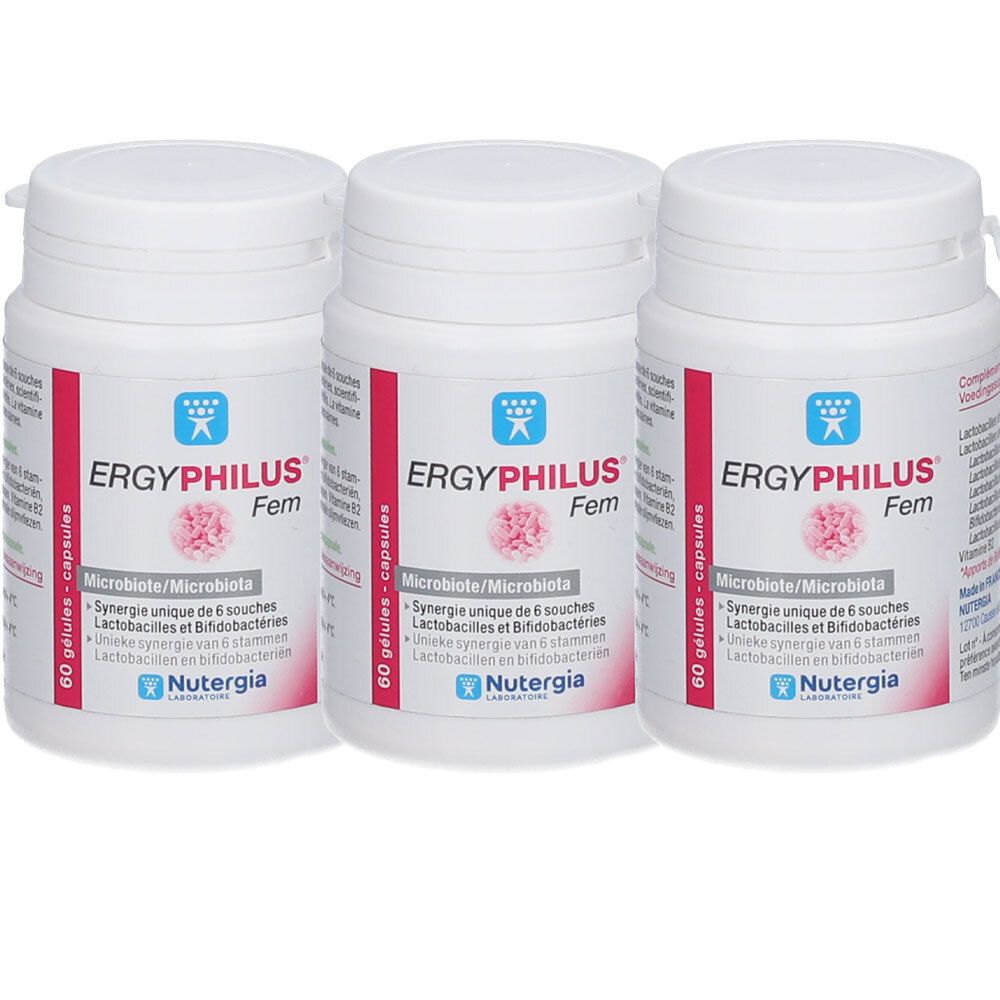Trois flacons blancs avec étiquette rouge. Inscription : ERGYPHILUS Fem, Microbiote/Microbiota, 60 gélules. Marque : Nutergia.