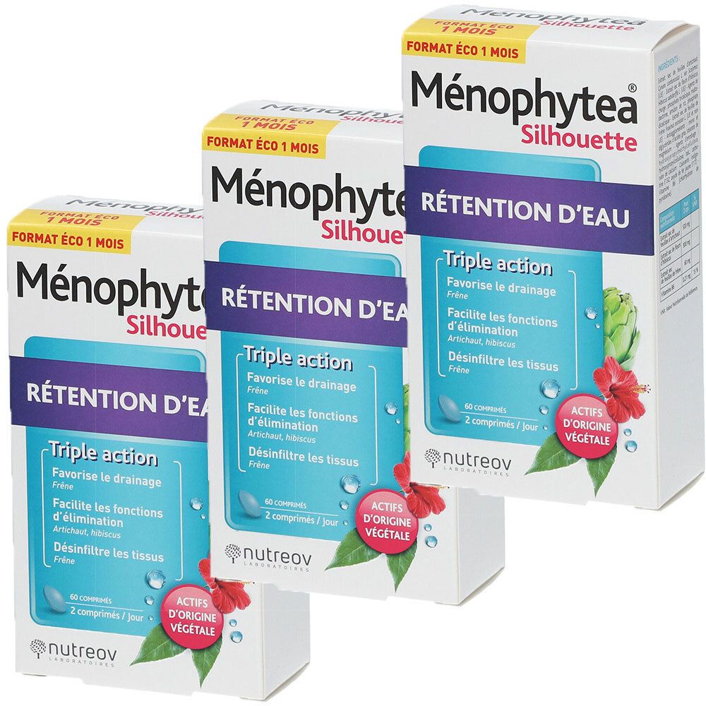 Drie dozen Ménophytea Silhouette Rétention d'Eau. Opschrift: Triple action, Favorise le drainage, Actifs d'origine végétale. Merk Nutreov.