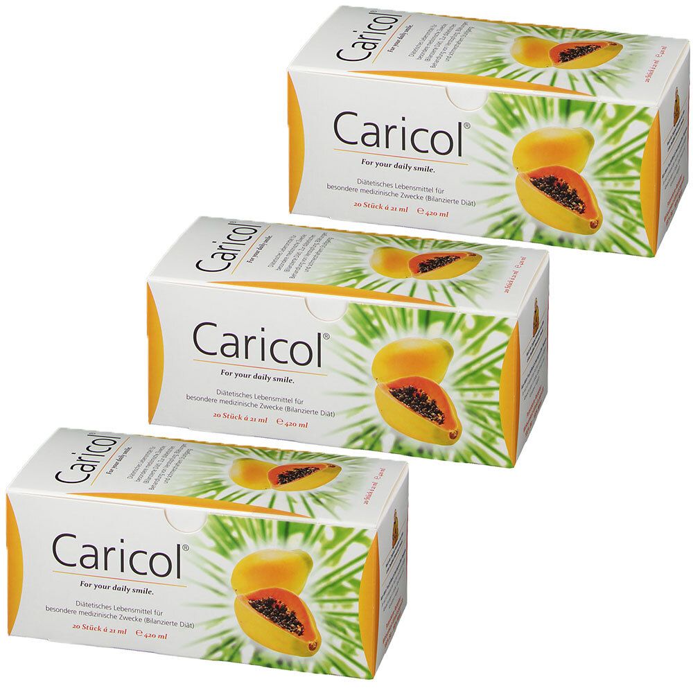 Drie dozen Caricol. Witte verpakking met afbeelding van papaya en tekst. Opschriften in het Duits.