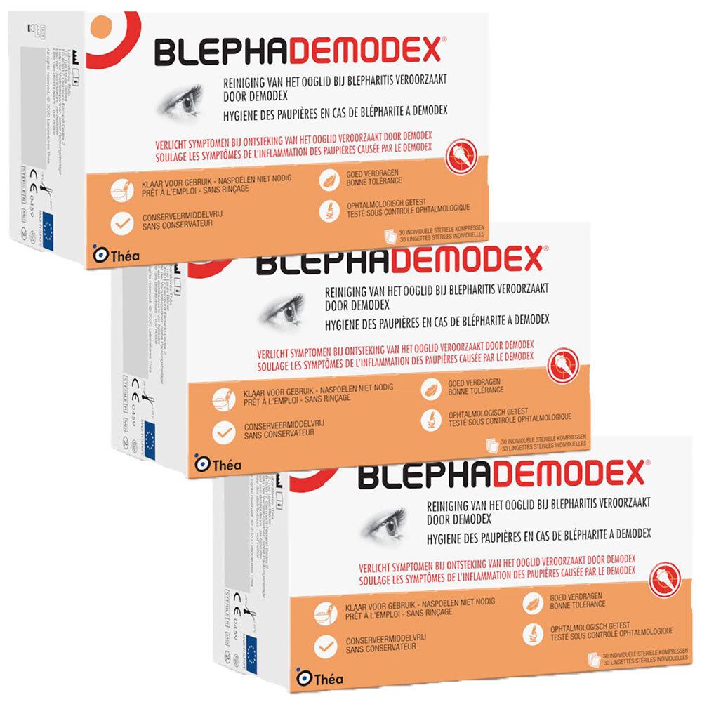 Trois boîtes de Blephademodex. Nom du produit, image d'œil et texte imprimés. Emballage orange et blanc.