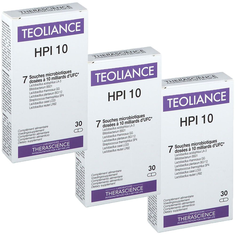 Drie dozen TEOLIANCE HPI 10. Opschrift: 7 Souches microbiotiques dosées à 10 milliards d'UFC. 30 capsules. Merk THERASCIENCE.