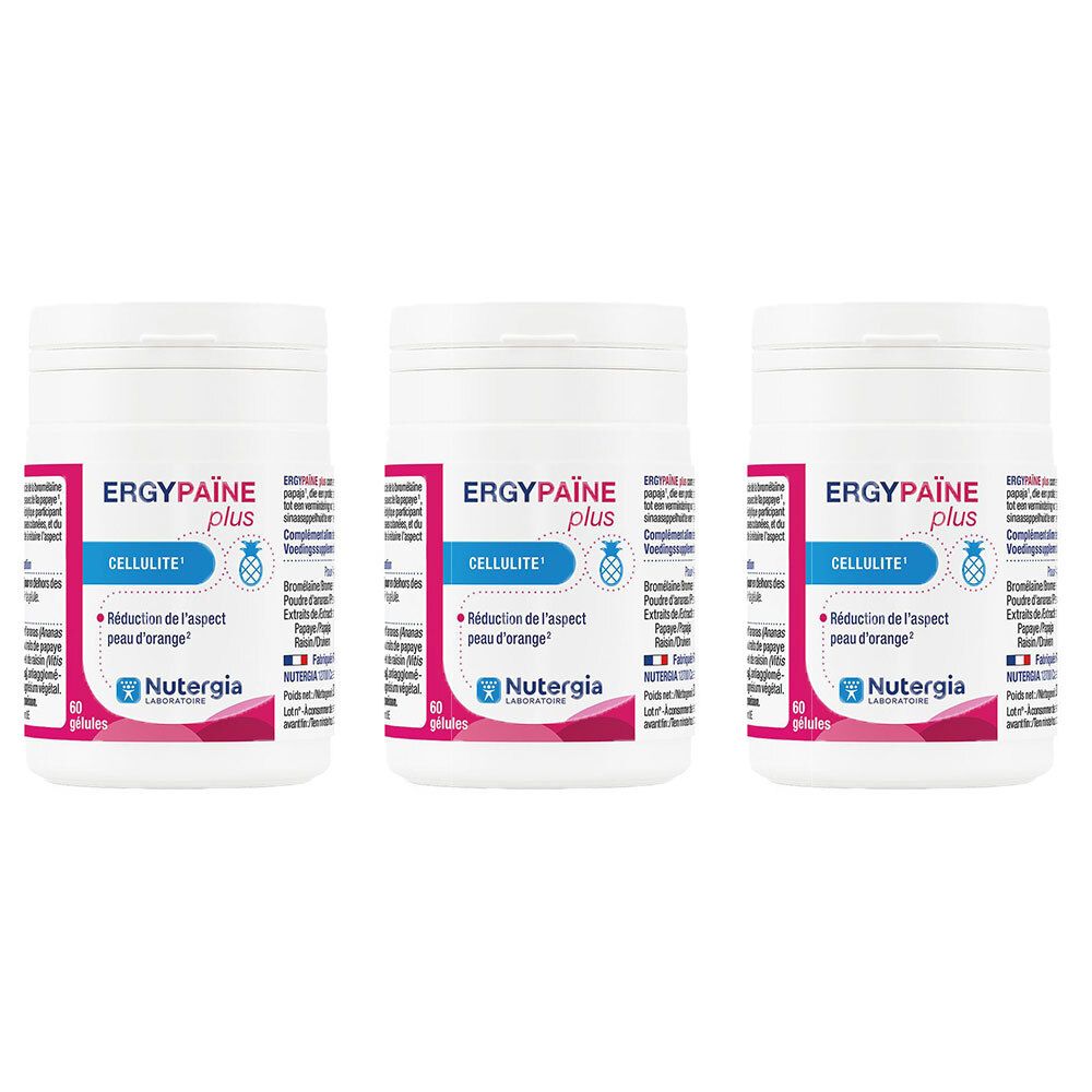 Drie witte potten met de tekst ERGYPAINE plus. Op elke pot staat CELLULITE en Nutergia.
