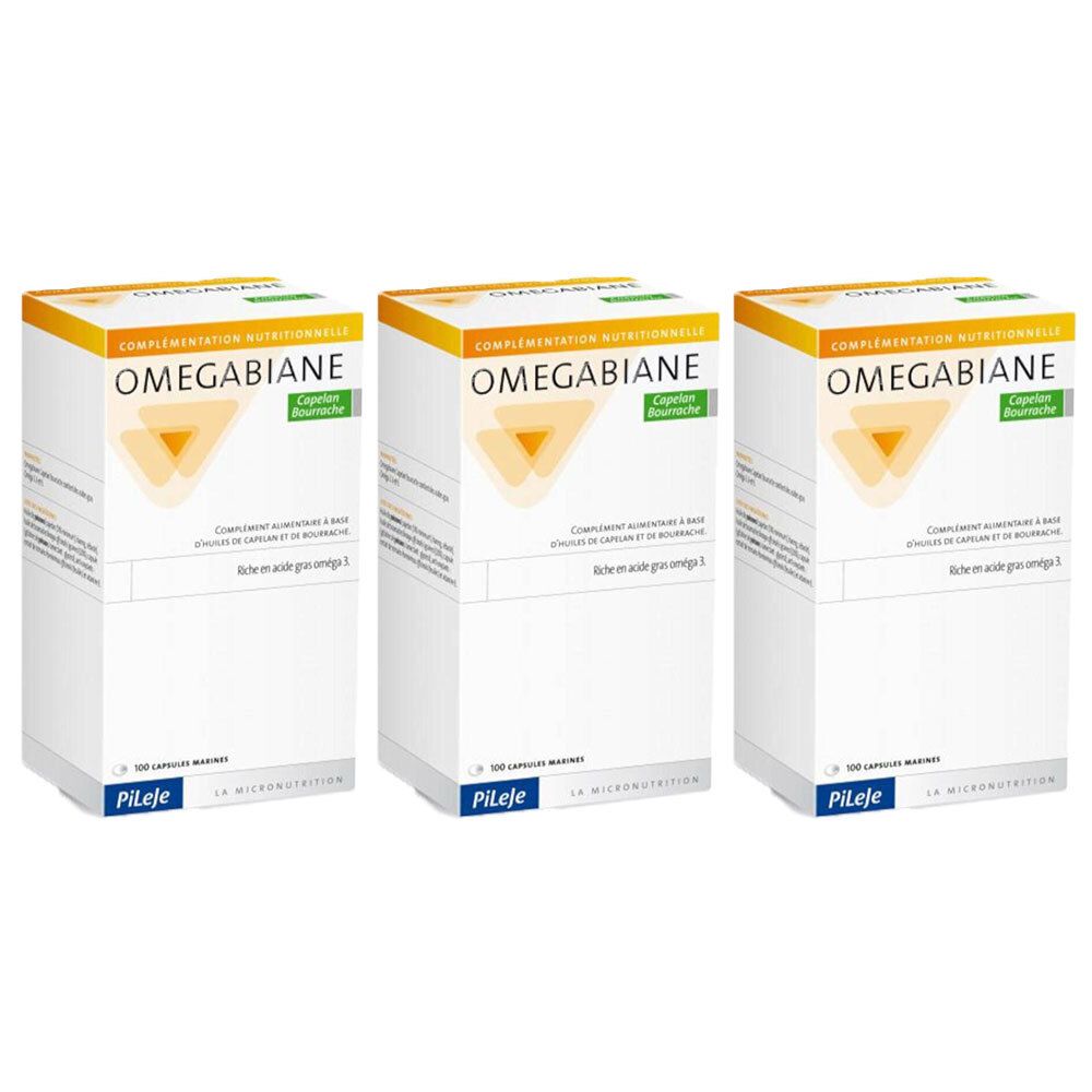 Trois boîtes blanches avec des accents jaune-orangé. Inscription : Omegabiane, Caprylis Bioactive. 100 gélules. Marque Pileje.