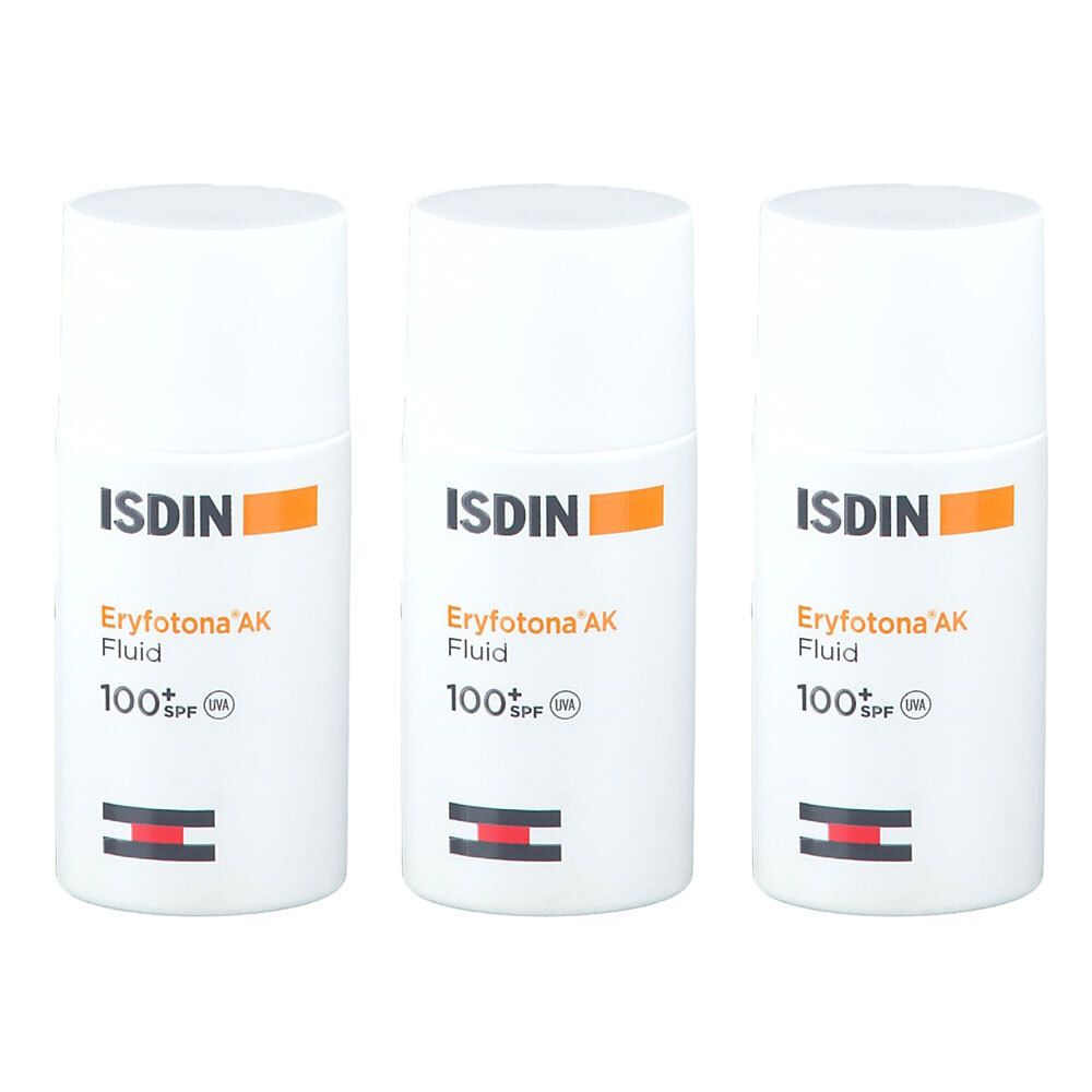 Drie witte flessen ISDIN Eryfotona AK Fluid SPF100+. Elke fles heeft een witte dop, zwarte en rode strepen.