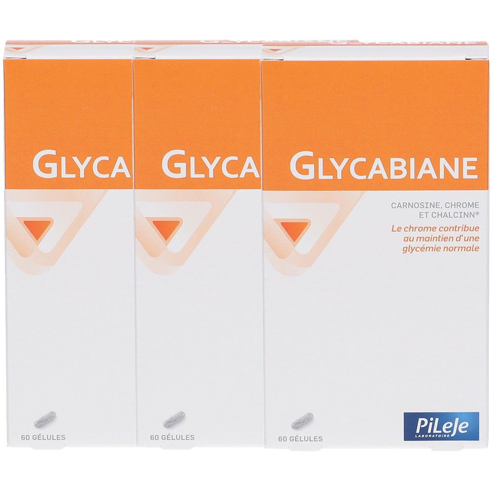 Trois boîtes blanches avec des parties supérieures oranges. On peut lire "Glycabiane", "PiLeje" et du texte sur le chrome.