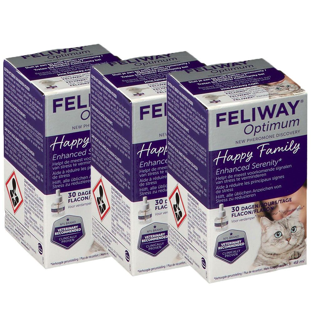 Drie paarse dozen FELIWAY Optimum Happy Family. Tekst: Enhanced Serenity, 30 dagen, Veterinary Recommended. Kat.