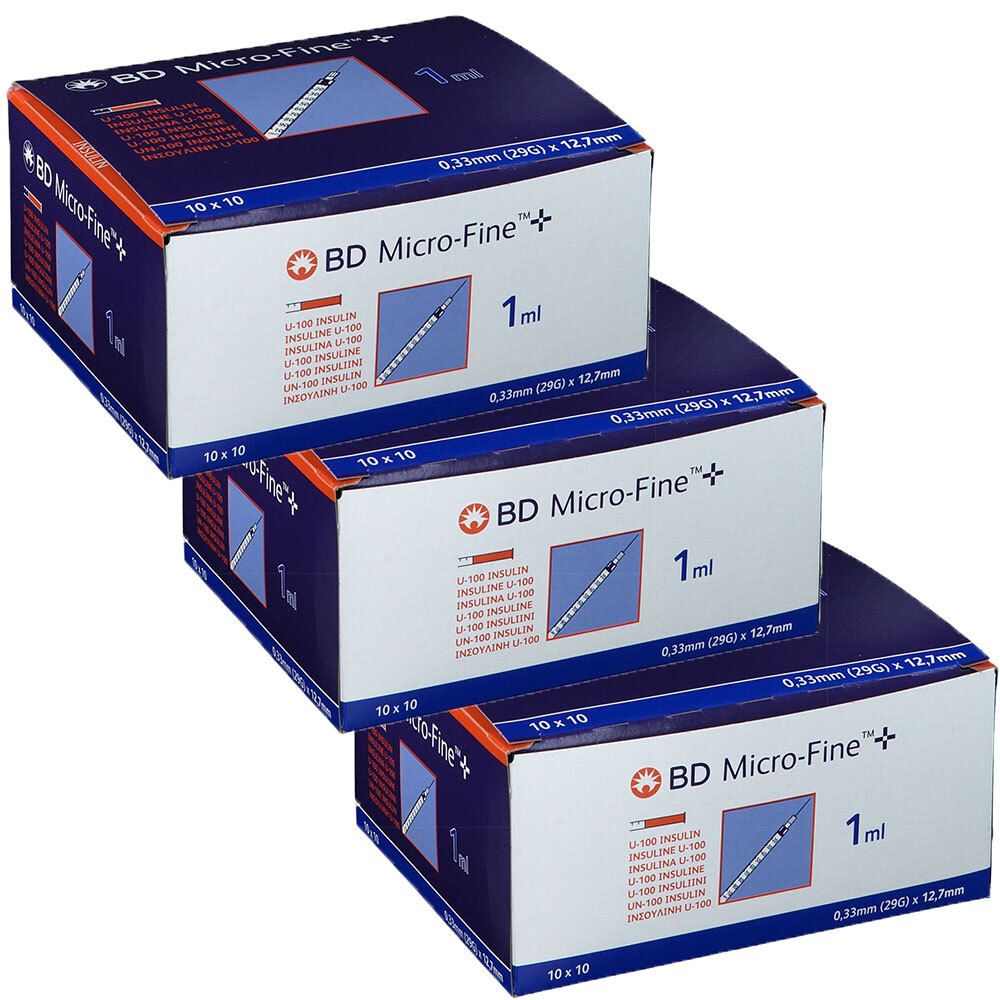 Trois boîtes de seringues à insuline BD Micro-Fine+. Chaque boîte contient 10 x 10 aiguilles. Chaque boîte indique 1 ml et la taille de l'aiguille.