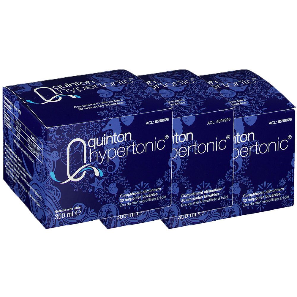 Drie dozen Quinton Hypertonic. Blauwe verpakking met witte tekst. Elke doos toont "Quinton Hypertonic".