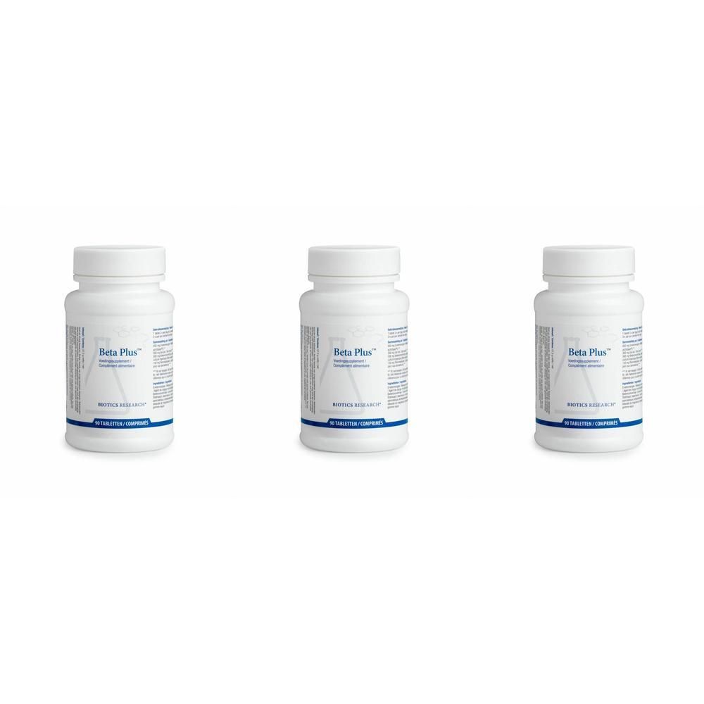 Drie witte flessen Biotique Beta Plus voedingssupplementen, elk 90 tabletten.