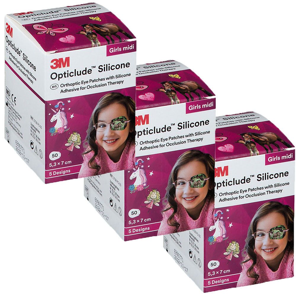 Trois boîtes de Opticlude Silicone. Inscription : 50 pièces, 5,3 x 7 cm, 5 modèles. Fille avec un cache-œil illustrée.