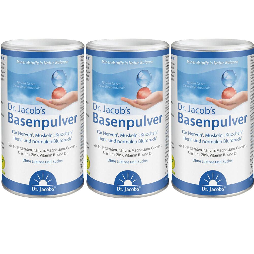 Drie blikken Dr. Jacob's Basenpulver. Opschrift: Voor zenuwen, spieren, botten, hart en normale bloeddruk. Zonder lactose en suiker.