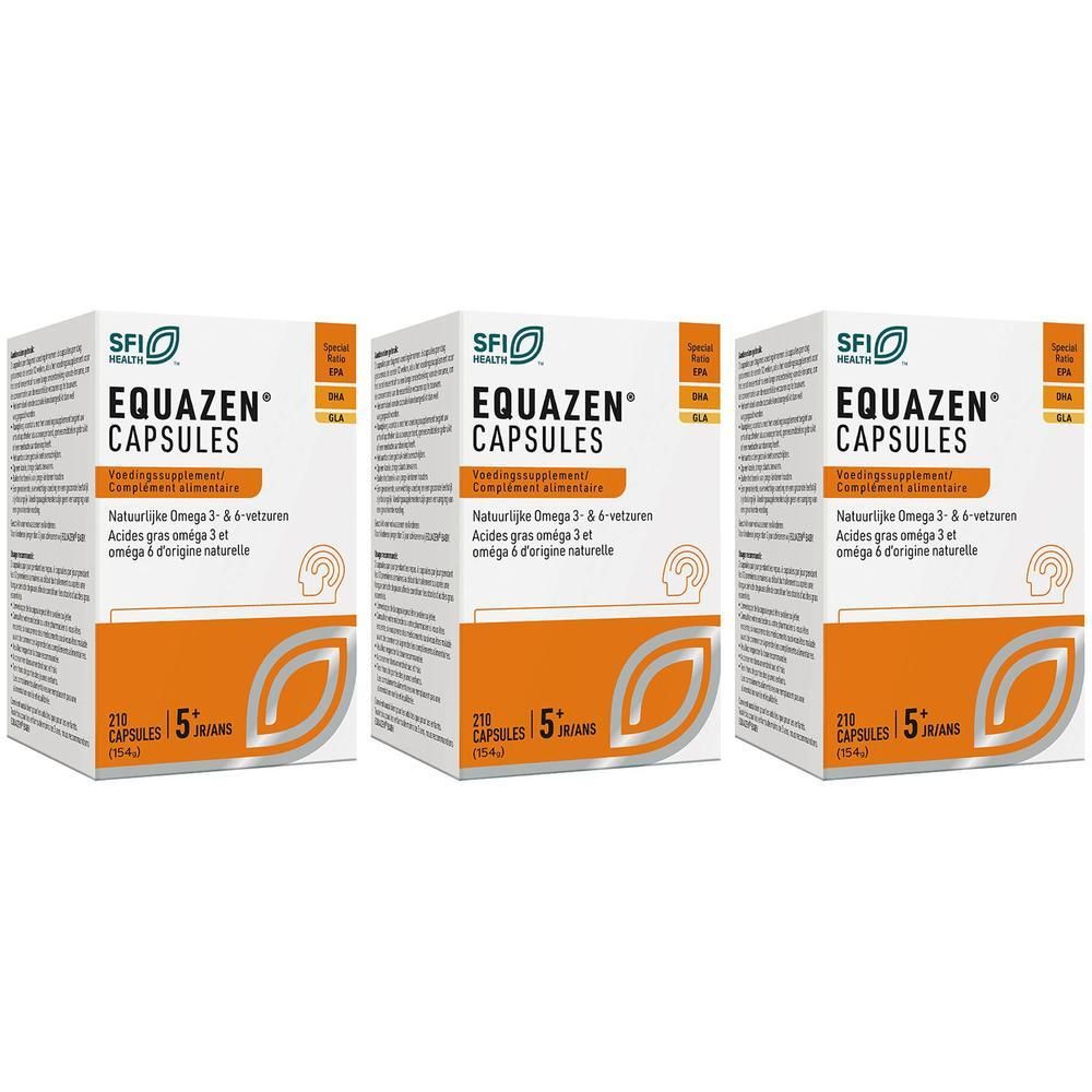 Trois boîtes de capsules Equazen®, 210 capsules par boîte. Design orange et symbole d'oreille.