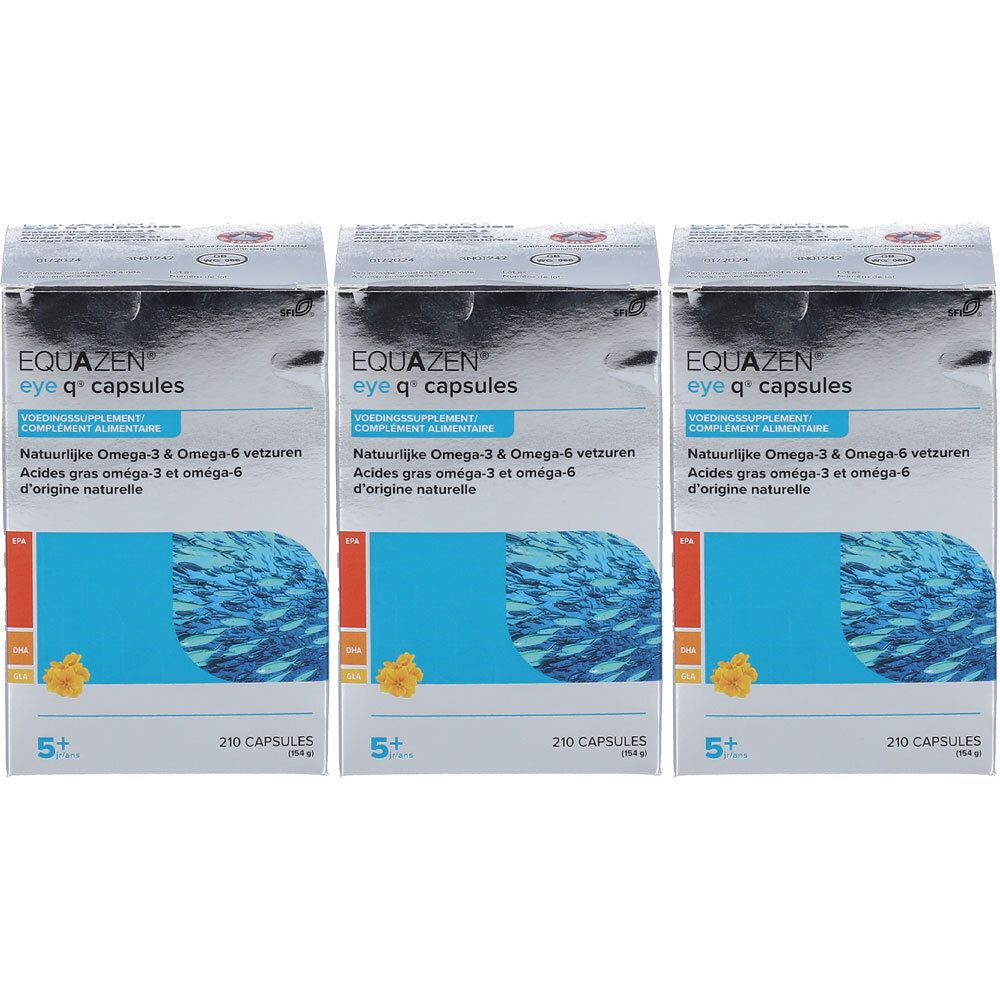 Trois boîtes de "EQUAZEN eye q capsules". Inscription : Natuurlijke Omega-3 & Omega-6 vetzuren, Acides gras omega-3 et omega-6. 210 capsules.