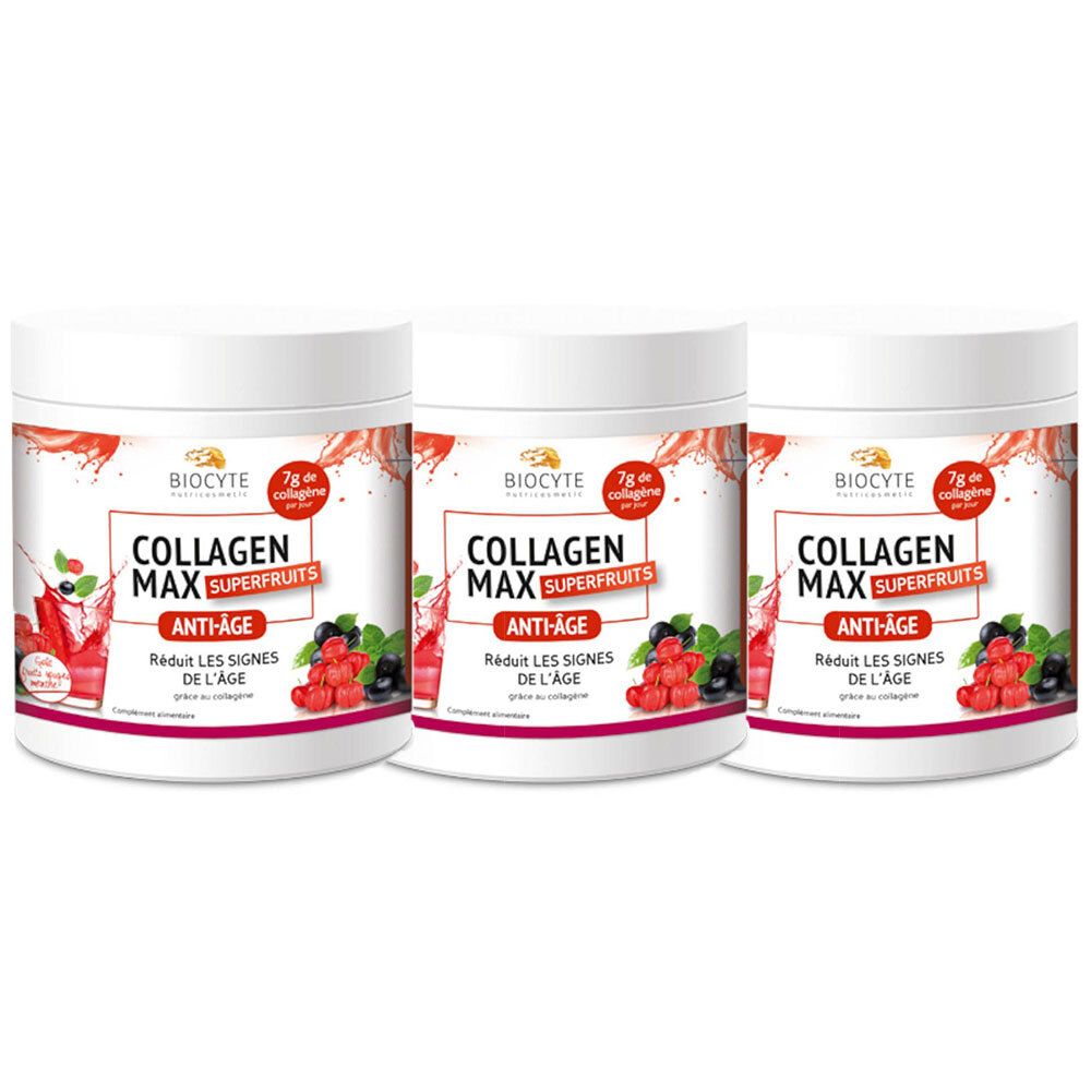 Trois pots blancs. Inscription Collagen Max Superfruits Anti-Age. Illustration de fruits rouges et noirs.