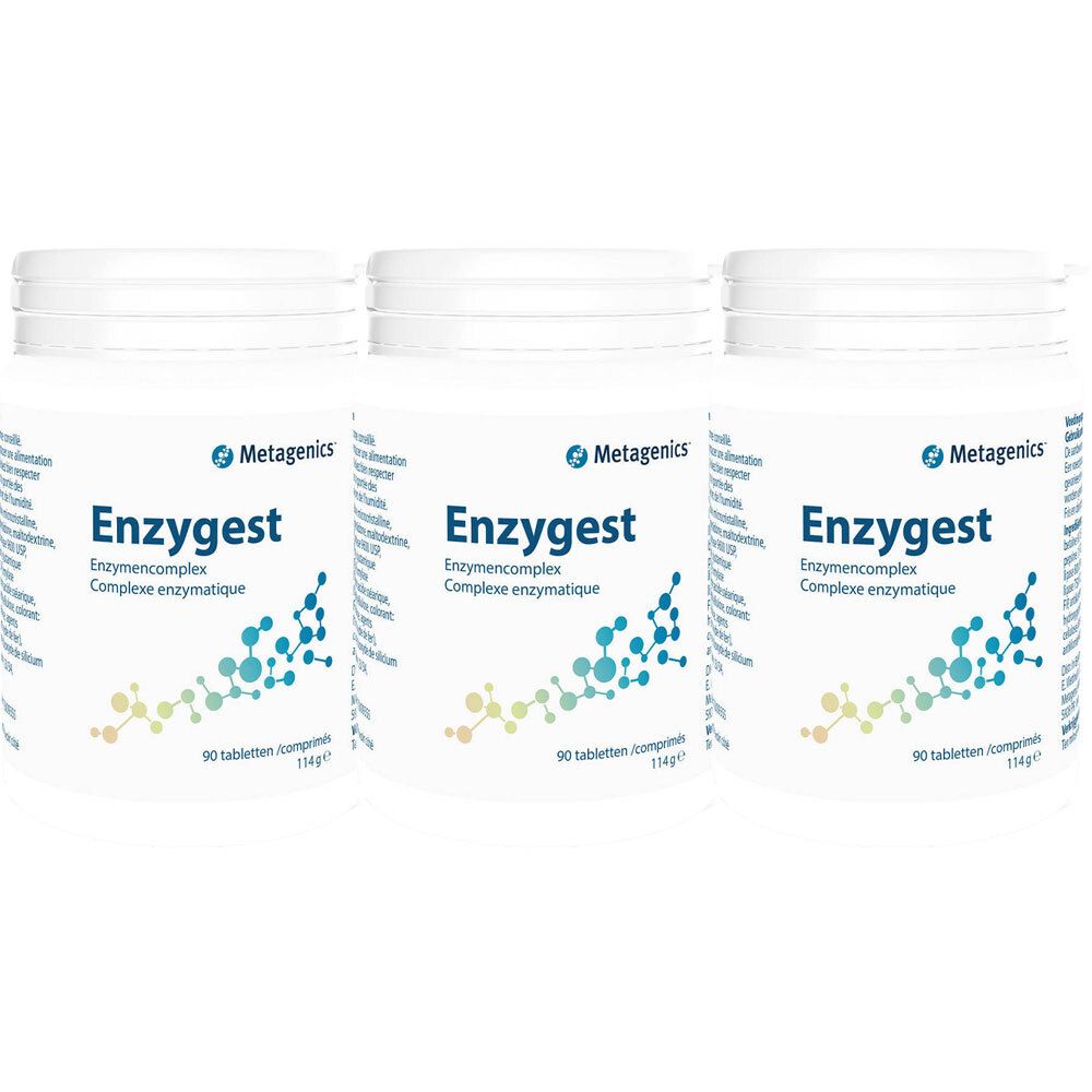 Drie witte potten met de productnaam Enzygest. Op elke pot staat "Metagenics". De potten bevatten 90 tabletten.
