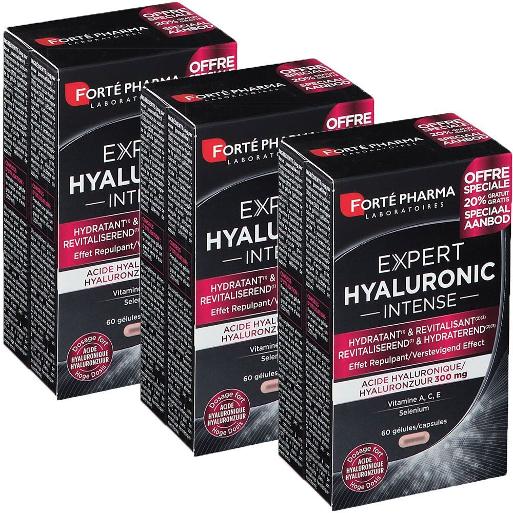 Drie dozen Forté Pharma Expert Hyaluronic Intense. Zwarte verpakking met rode en witte tekst. Bevat 60 capsules.