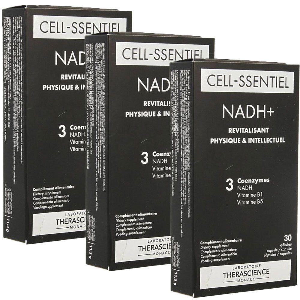 Trois boîtes CELL-SSENTIEL NADH+. Emballage noir, texte blanc. Contient 30 gélules. Laboratoire Therascience Monaco.