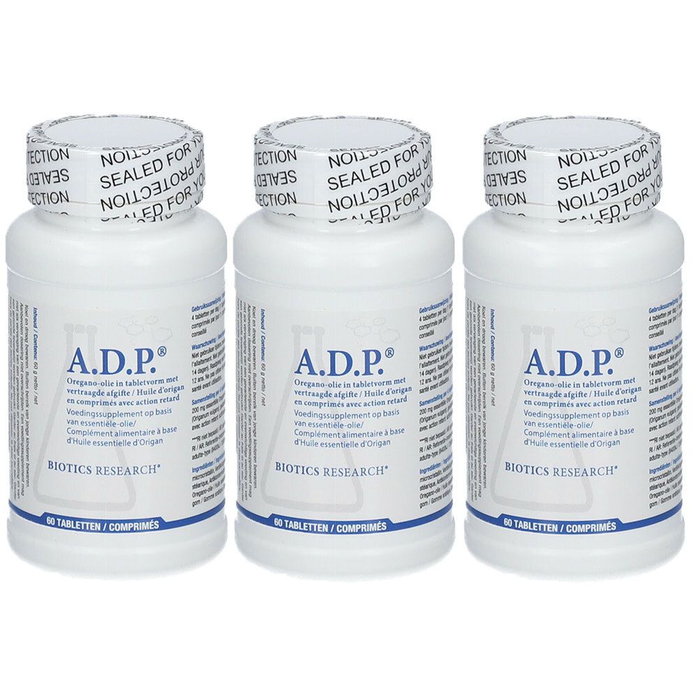 Drie witte flessen met de tekst "A.D.P.". Op de deksels staat "SEALED FOR PROTECTION". 