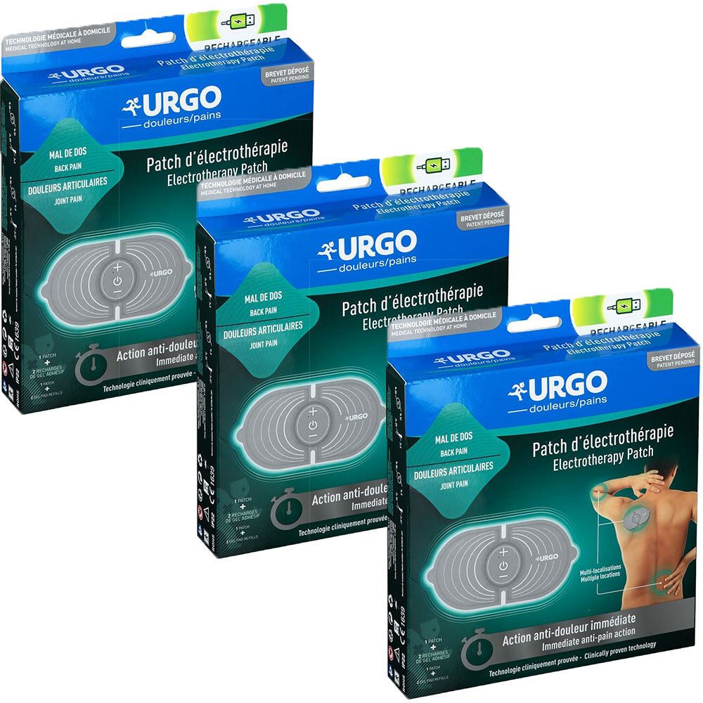 Drie dozen URGO Patch d'électrothérapie. Blauwe dozen met productafbeelding en tekst. Opschrift: Mal de dos, Douleurs articulaires.