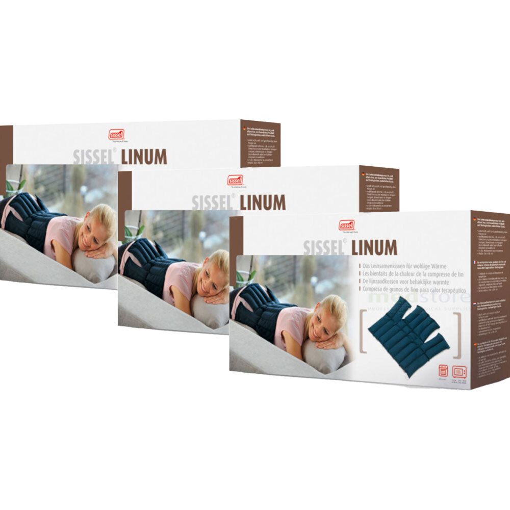 Trois boîtes de produit Sissel Linum. Sur les boîtes, une femme est représentée en train d'utiliser un produit.