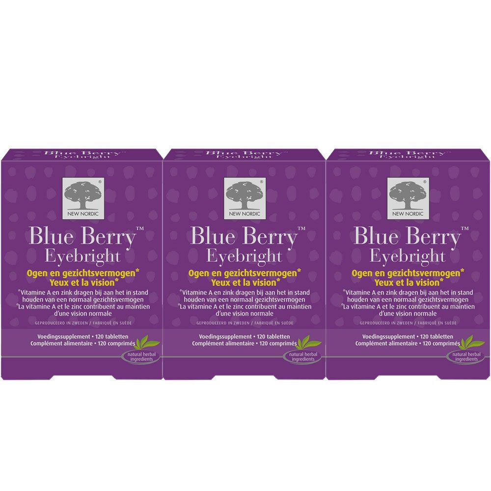 Drie paarse dozen. Tekst: Blue Berry Eyebright. Bevat 120 tabletten. Merk: New Nordic.