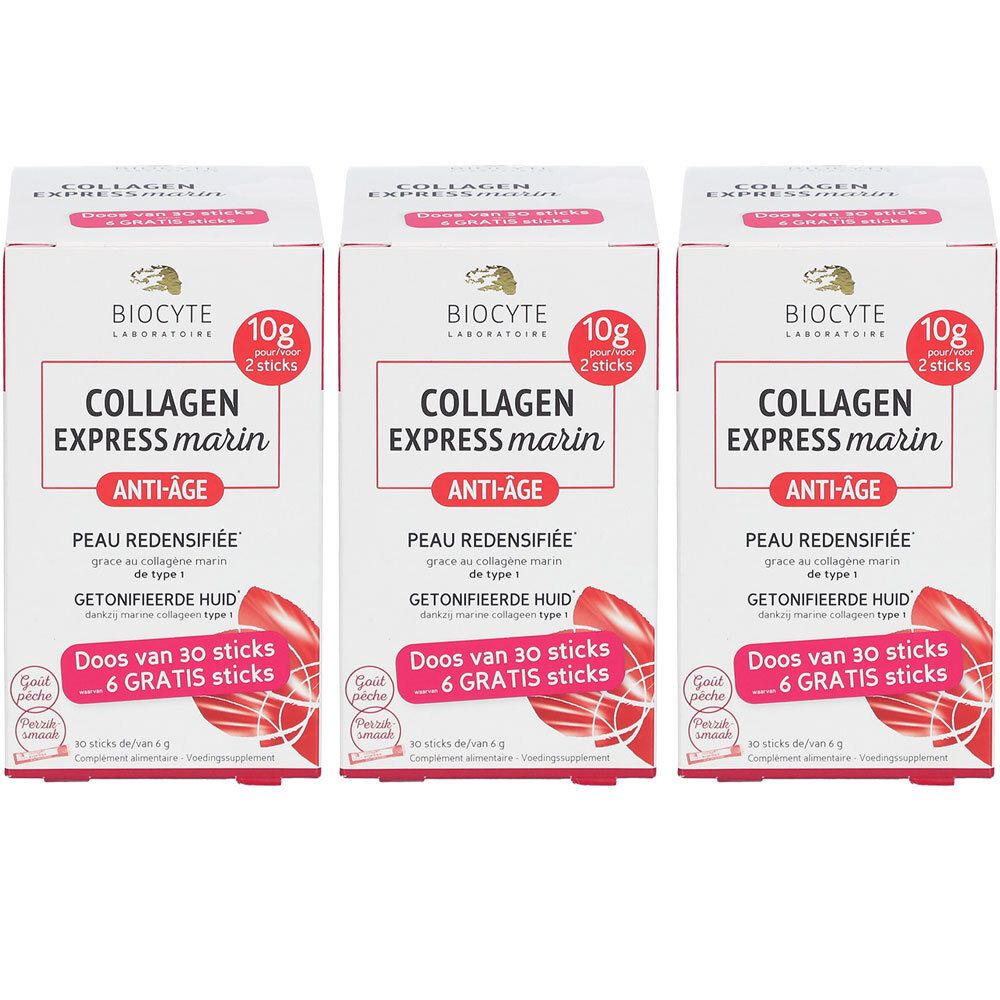 Drie dozen met "COLLAGEN EXPRESS marin". Elke doos bevat 10g en 2 sticks.