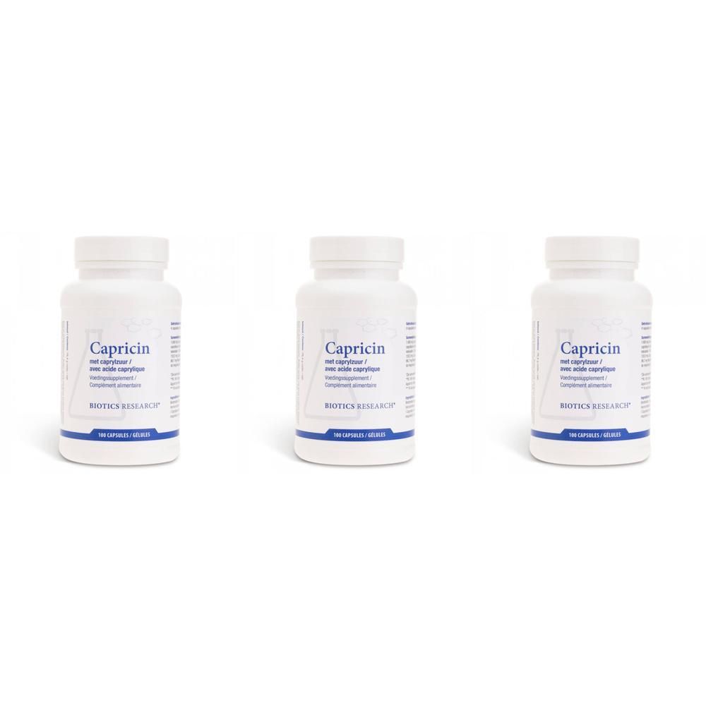 Drie flessen Biotika Capricin, elk met 100 capsules.