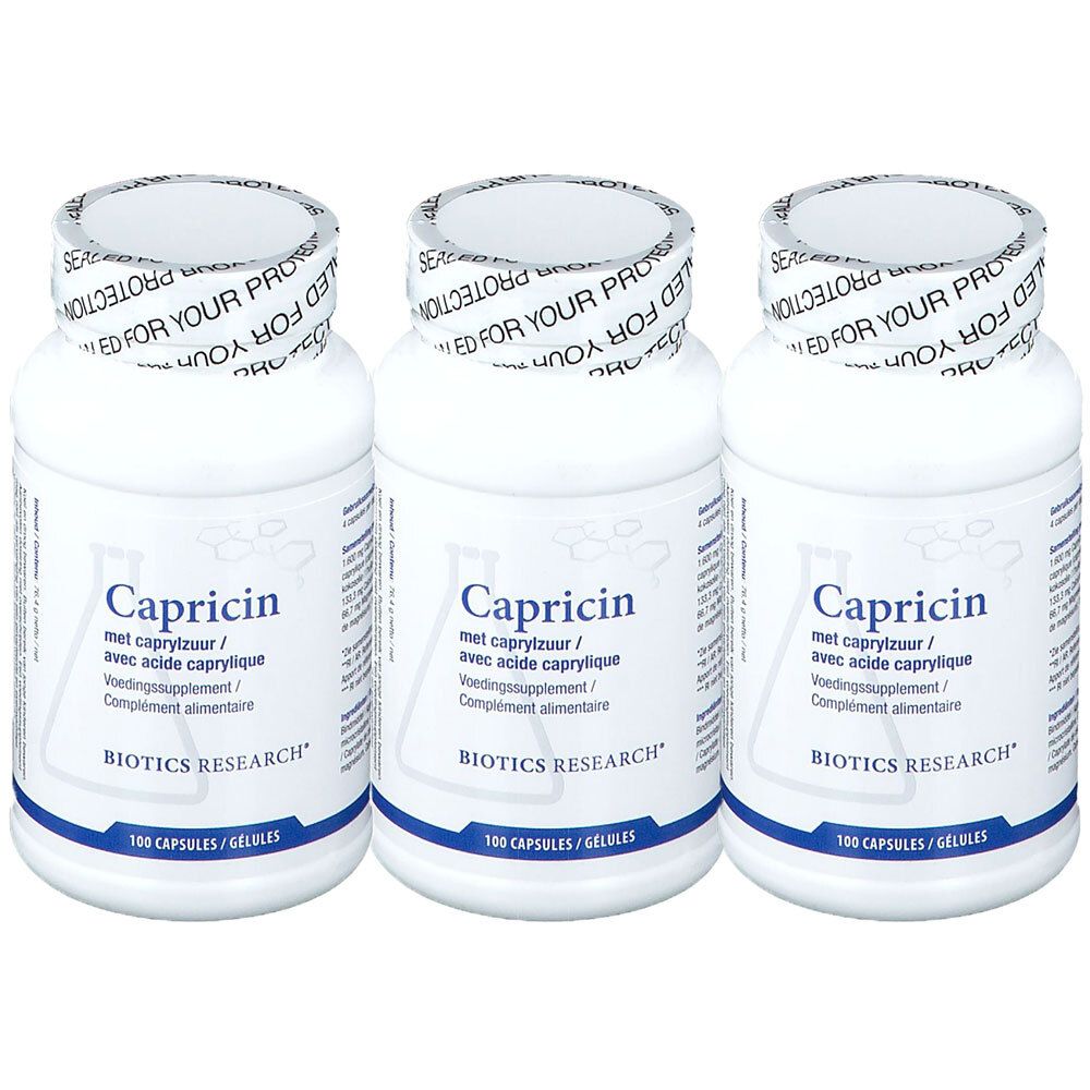 Drie witte flessen Capricin. Opschrift: « met caprylzuur/avec acide caprylique ». Merk: BIOTICS RESEARCH. Bevat 100 capsules.