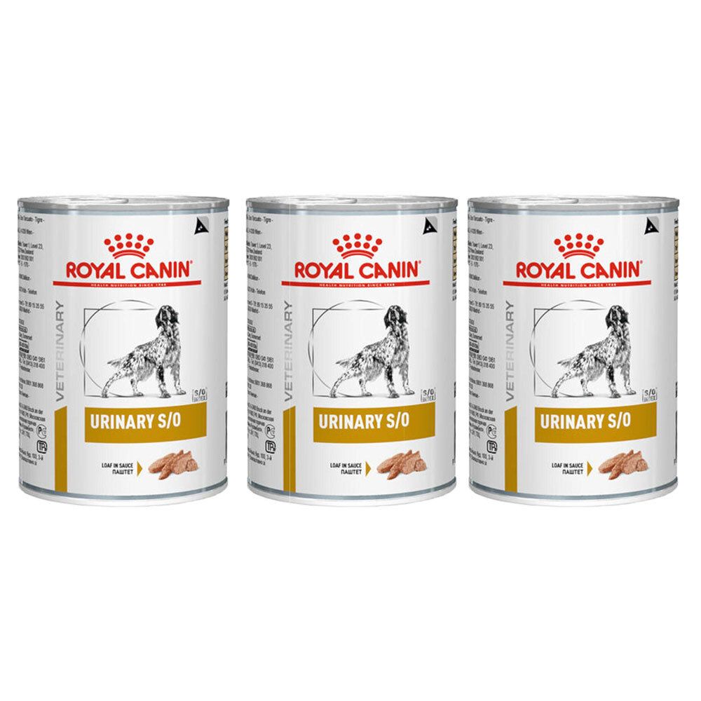Trois boîtes ROYAL CANIN® Urinary S/O. Étiquette blanche avec logo, chien et nom du produit. Boîte ouverte avec nourriture.