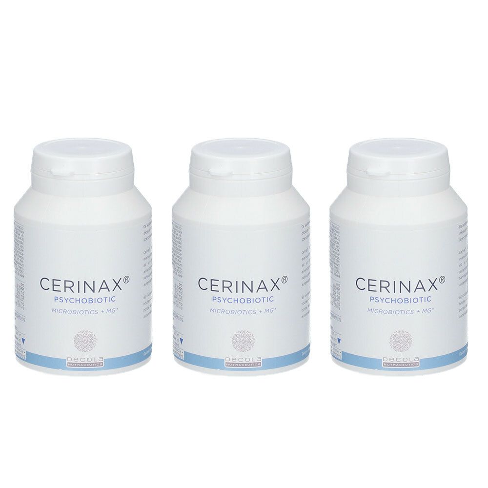 Trois flacons blancs avec couvercles. Chaque flacon porte l'inscription "CERINAX PSYCHOBIOTIC". En dessous, "MICROBIOTICS + MG".